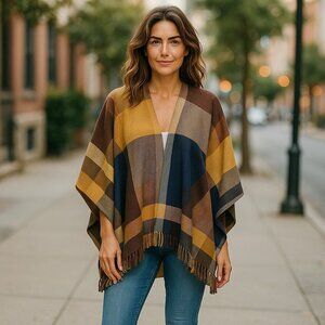 RACHEL RACHEL ROY ONE SZ Fleece Soft Comfy Cozy Fringed Plaid Blanket Wrap Cape